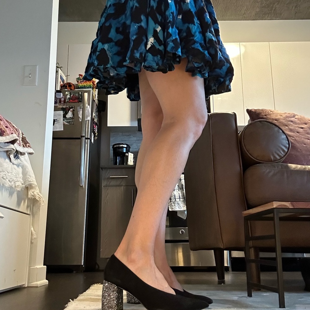 Pointed black suede rhinestone block heel